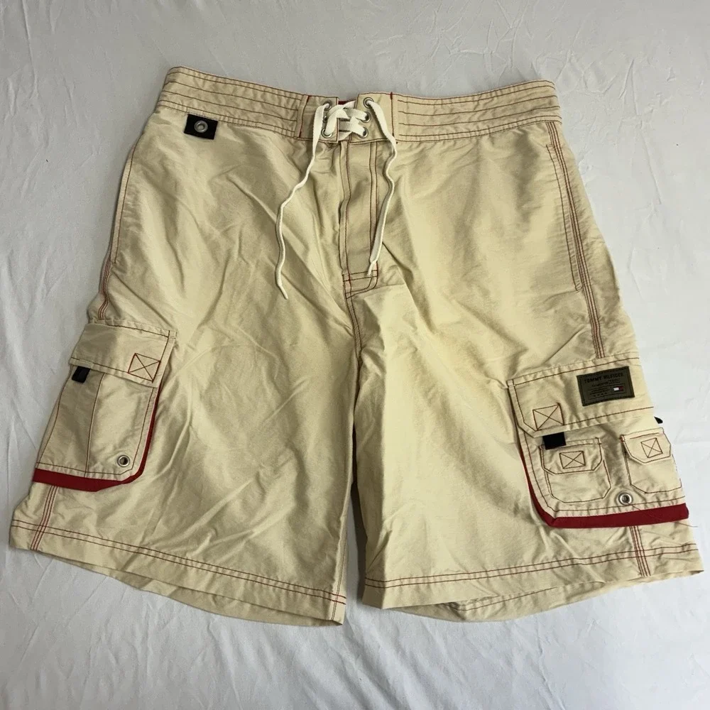 VTG Tommy Hilfiger Mens Swim Trunks, Cream With Red Stitching, Size Large‎